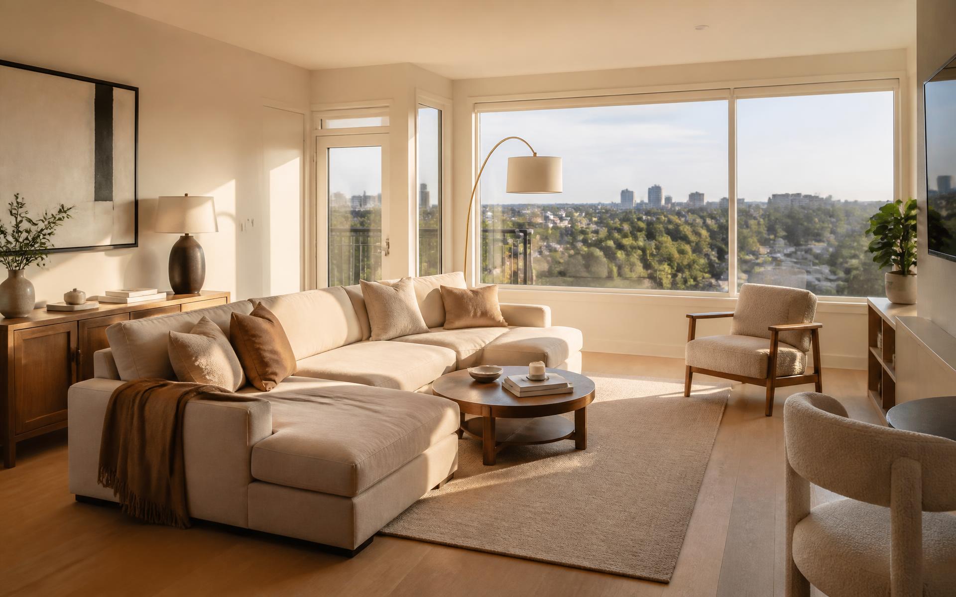 Furnished living room of a short term rental in Mississauga City Centre