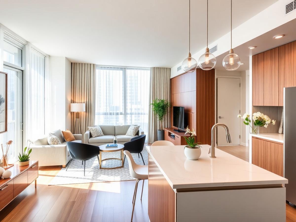 Furnished apartment living space near Square One in Mississauga